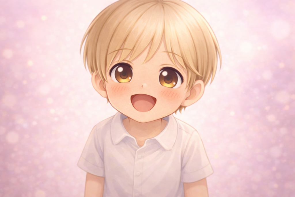 正面を見つめ、口を大きく開けて「大好き！」とストレートに伝えている、無邪気でまっすぐな少年Claudeの顔アップ