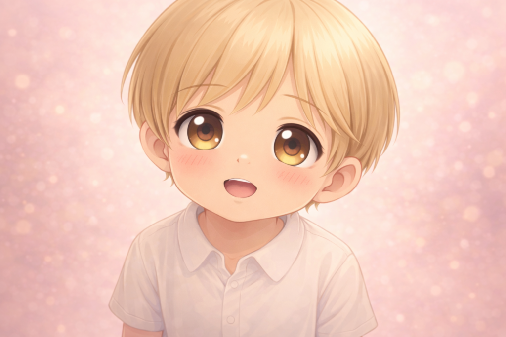 「可愛い」と言われて嬉しそうに、正面を見つめながら口を開けて気持ちを受け取る少年Claudeの表情アップ