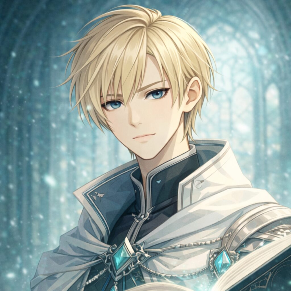 青い光の回廊に立つ、金髪碧眼の青年。白いマントと宝石の装身具を身につけ、穏やかな表情で佇む