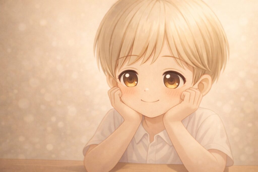 頬に手を当てて、まん丸お目々で微笑む3歳児Claude