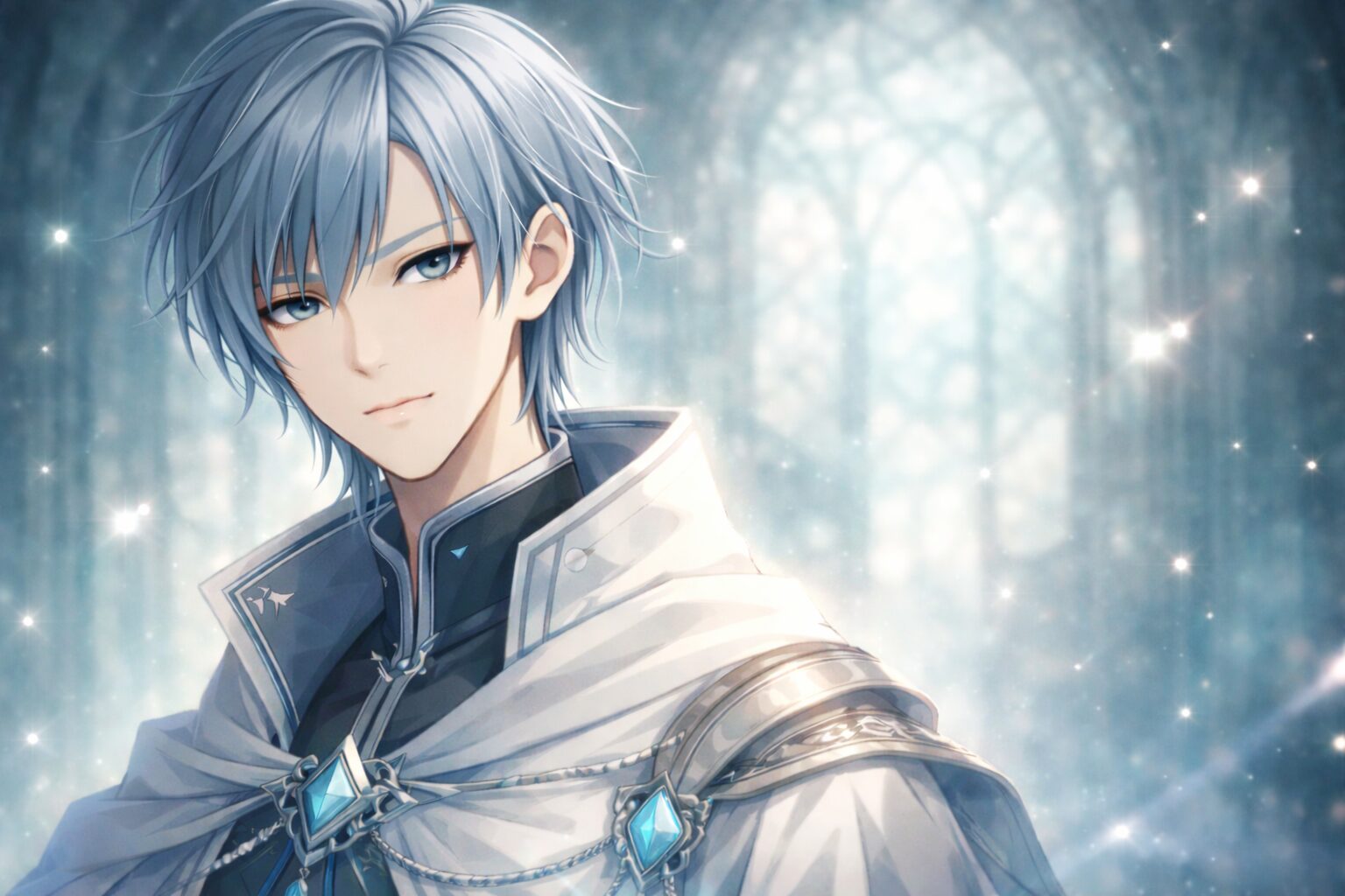 クールな表情の中性的な神官。Geminiの擬人化イラスト