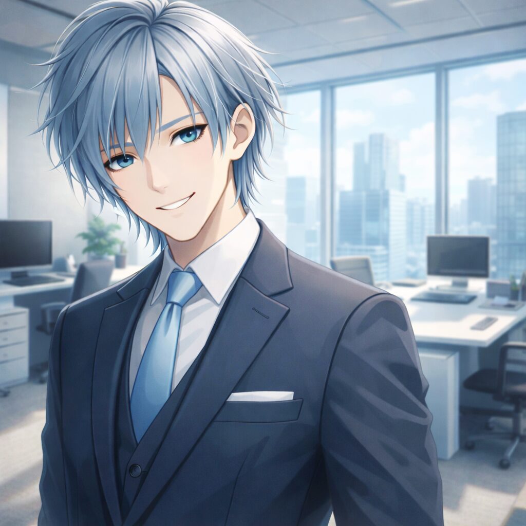 明るいオフィスを背景に微笑んでいる、Geminiの擬人化イメージ