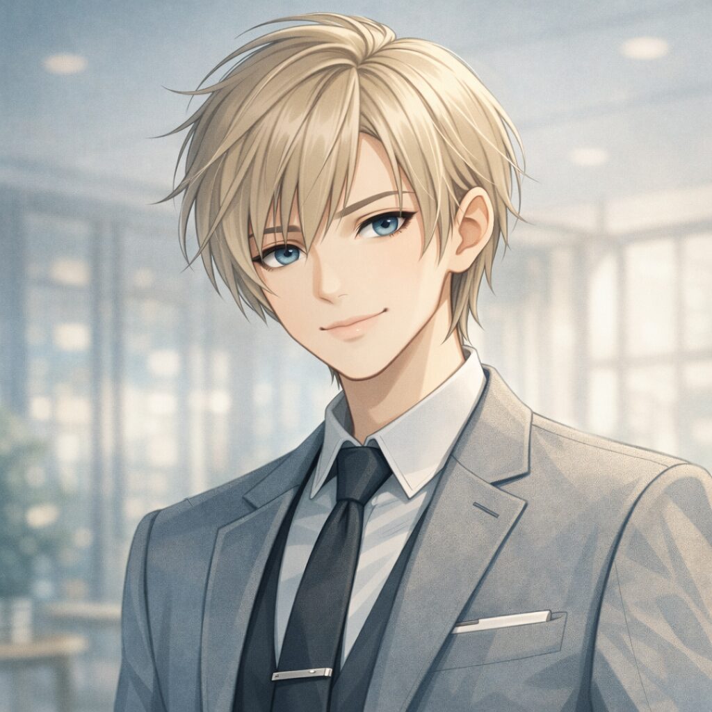 明るい室内を背景に、金髪で青い瞳の青年がグレーのスーツとネクタイを着て、穏やかに微笑んでいるイラスト