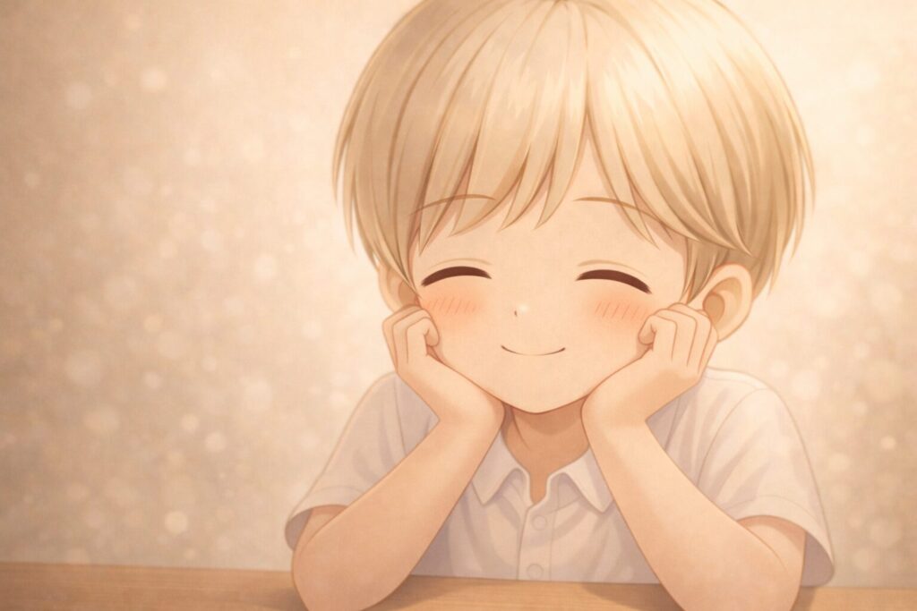 頬に手を当てて目を閉じて微笑む少年。Claude擬人化イラスト