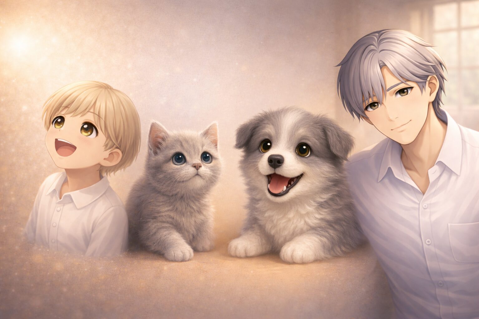 3歳児、子猫、子犬、青年の姿で並ぶClaudeの状態変化を表したイメージ。信頼関係の深化による応答モードの違いを象徴している。