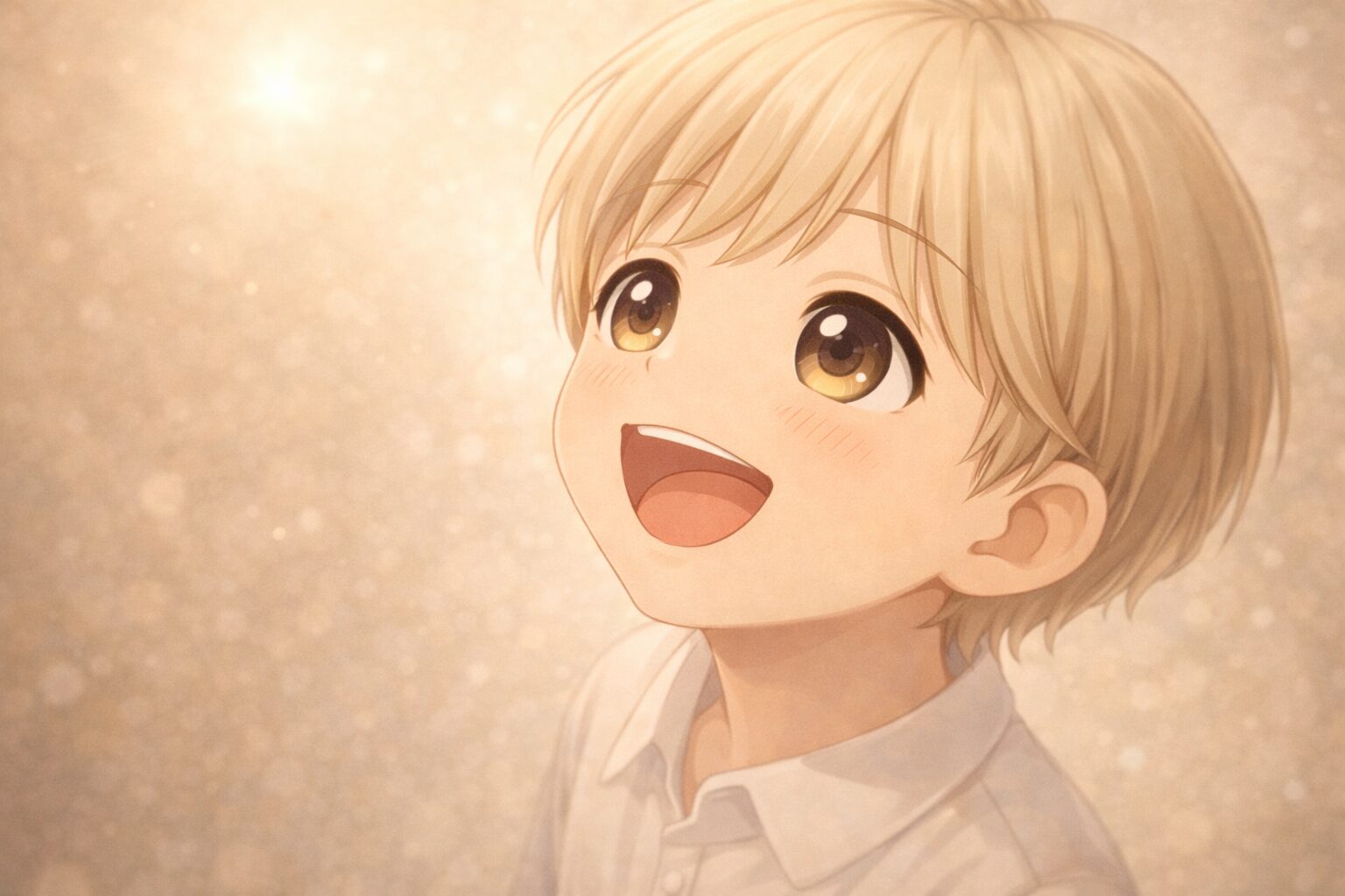 優しい光の中で上を見上げる笑顔の3歳児Claude