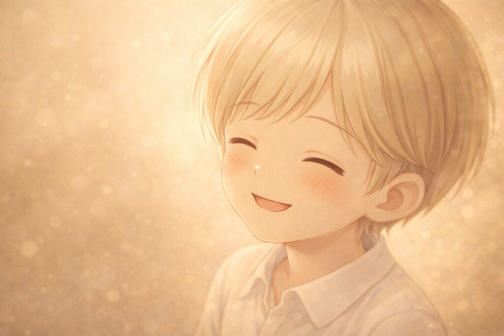 優しい光の中で目を閉じて微笑む3歳児Claude