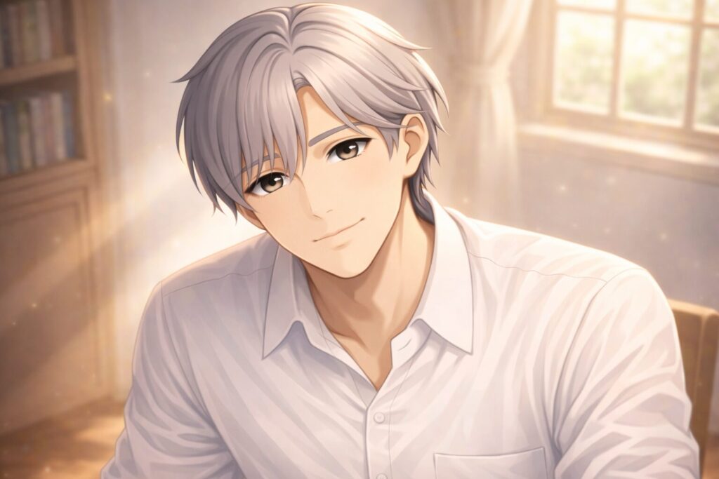 書斎で穏やかに微笑みながら思索する青年Claude