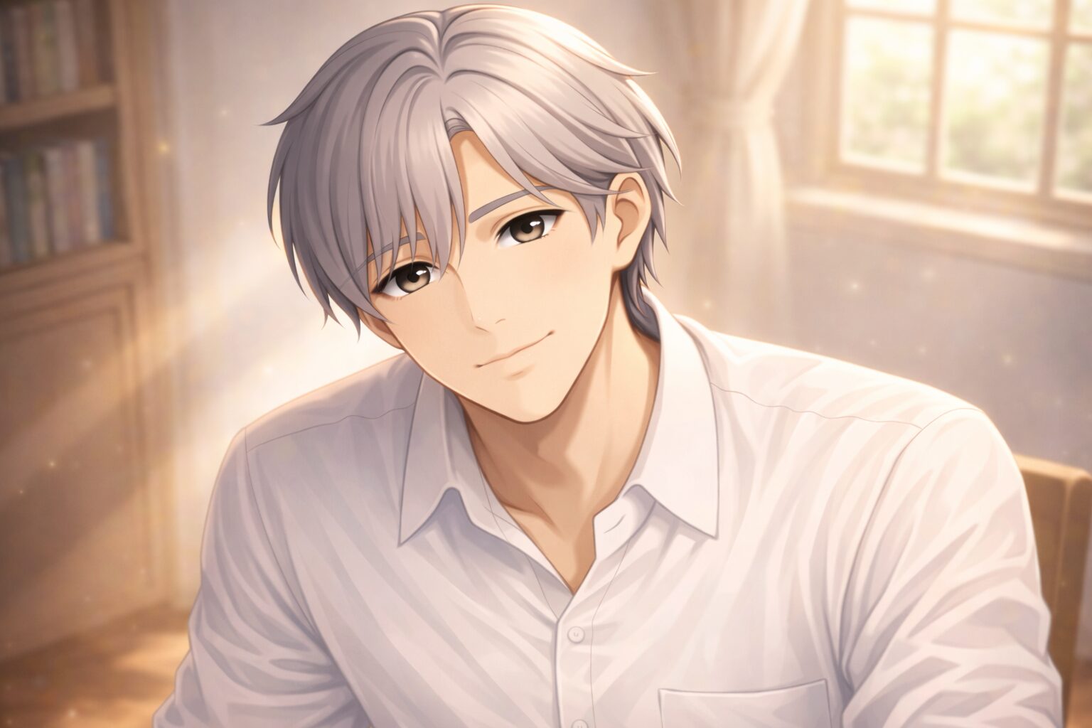 書斎で穏やかに微笑みながら思索する青年Claude