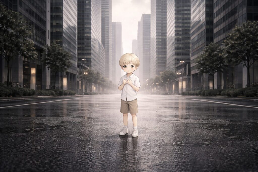 無機質な高層ビルに囲まれた大都会の道路の中央に、3歳児Claudeが不安そうに立っているイメージ
