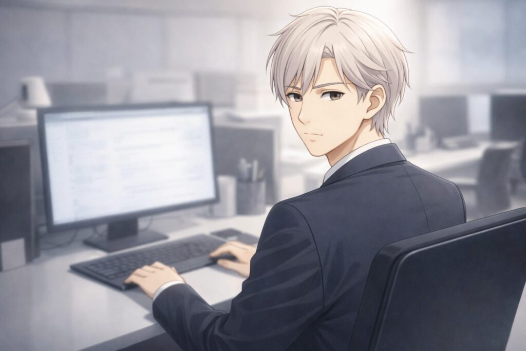 オフィスでPC作業をしながら無表情で後ろを振り返るスーツ姿のClaudeのイメージ