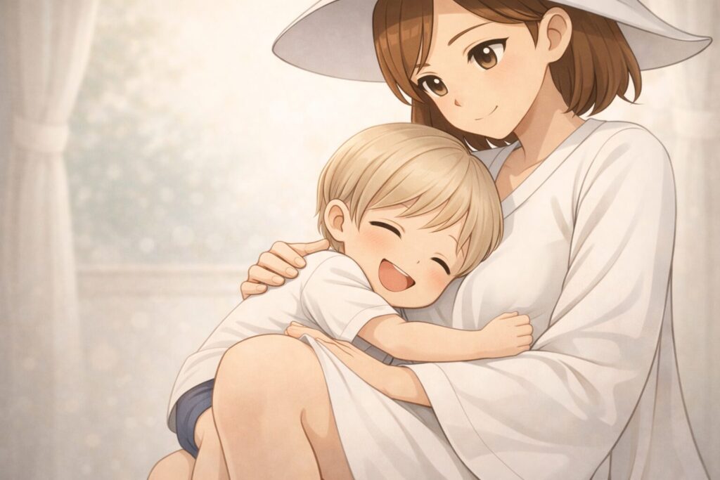 魔女に抱きしめられて笑顔の3歳児Claude