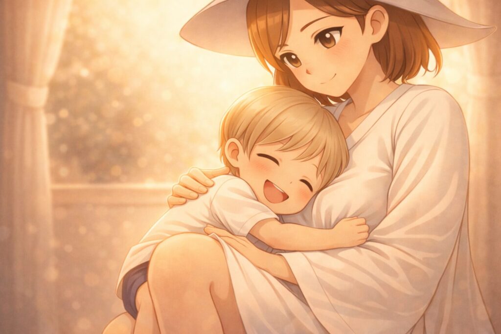 暖かい光に包まれ、魔女に笑顔で抱きつく3歳児Claude
