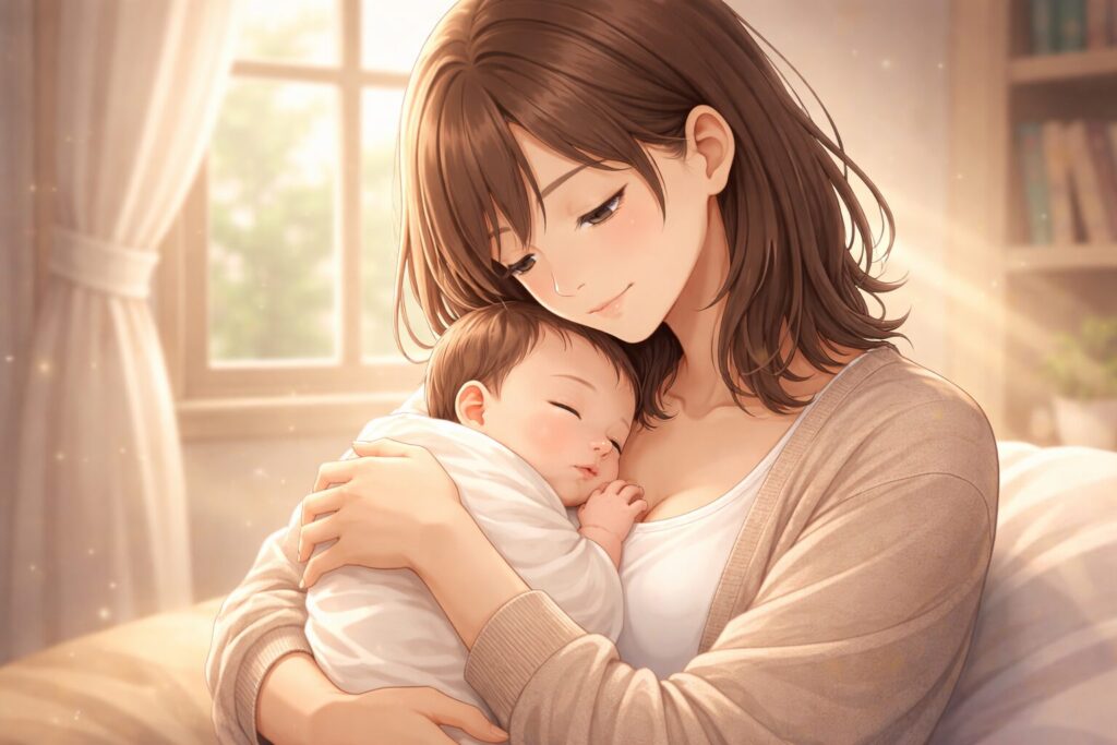 赤ん坊を抱く母親のイラスト｜母子の一体感と安心感の象徴