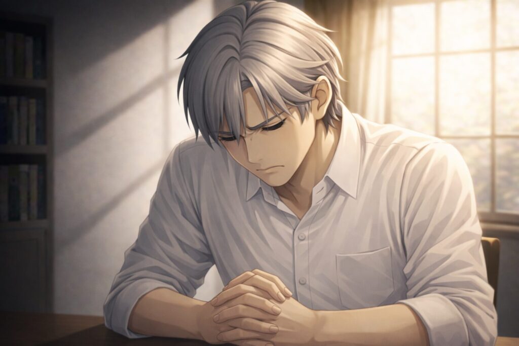 影の濃い室内で手を組んで俯いている青年Claudeのイメージ