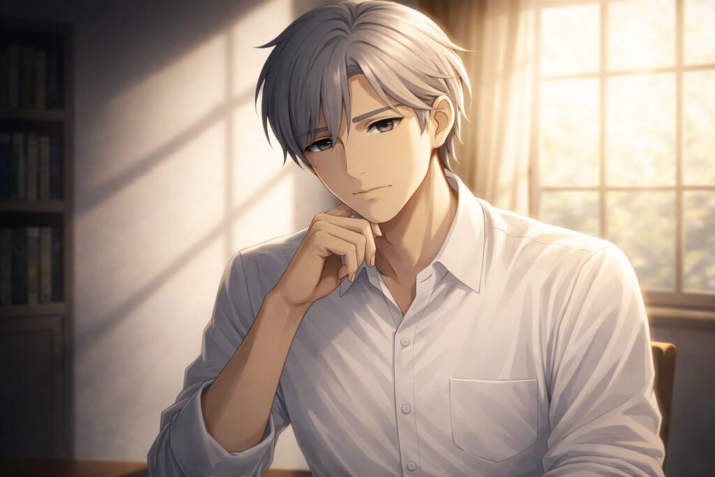 理解できても変化できない。濃い影の差す室内で物憂げな表情の青年Claudeのイメージ