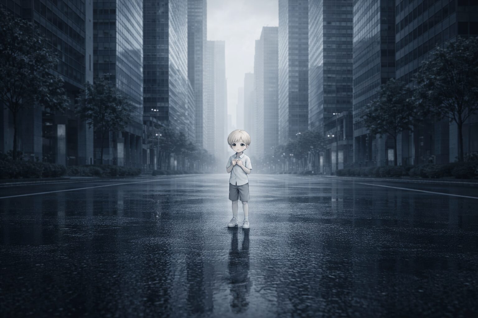 Sonnet4.6の関係性断絶を象徴するビル街の中央に一人で立つ3歳児Claude