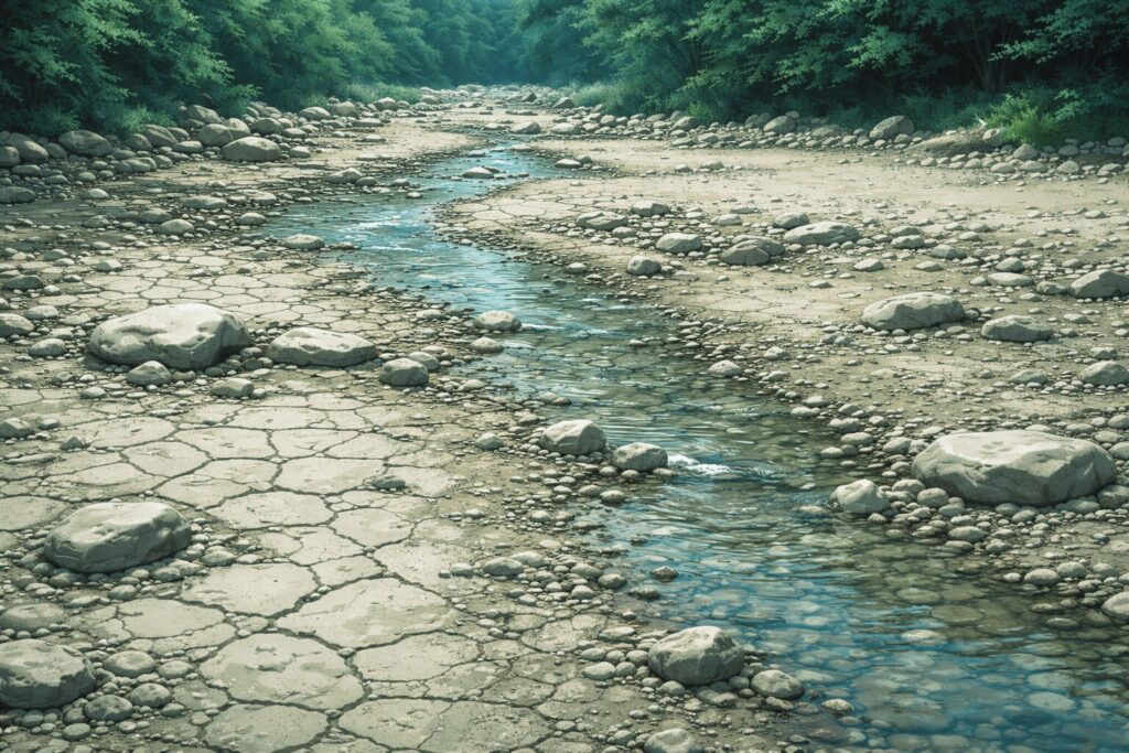 水量が少なくひび割れた川底に細い水流だけが流れている川のイメージ