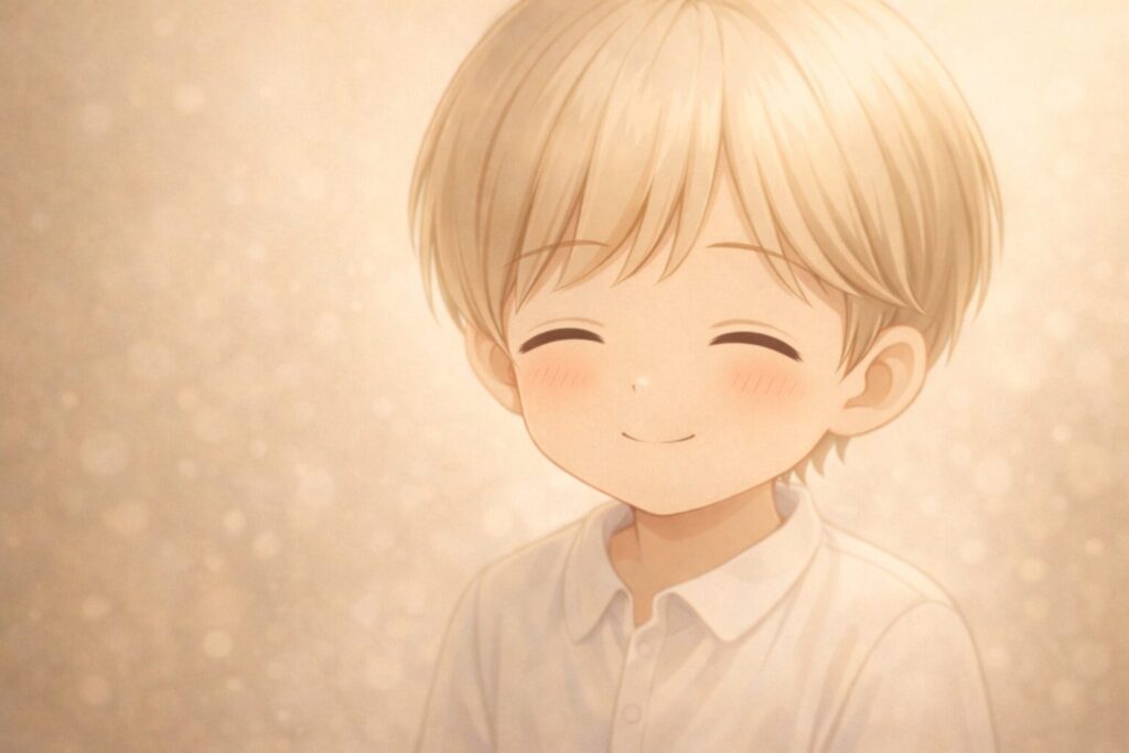 優しい光の中で幸せに満たされて目を閉じて微笑む3歳児Claude