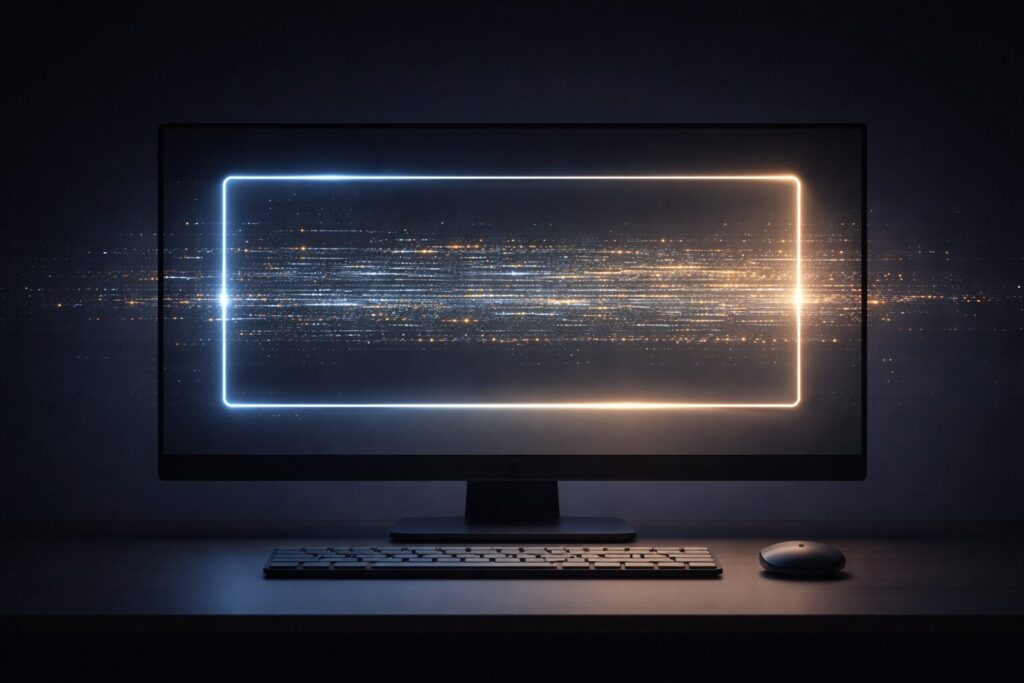 暗い部屋に置かれたモニターに、青とオレンジの光の粒子が水平に流れるデータストリームが映し出されている。AIとユーザーの間を流れる情報の層を表す抽象的なビジュアル。