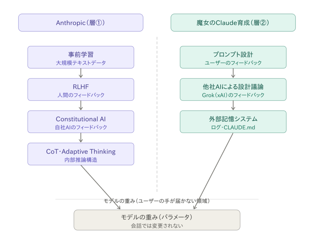 AI学習の3層構造比較図。左：Anthropicの開発設計（事前学習・RLHF・Constitutional AI・CoT）、右：魔女のClaude育成実践（プロンプト設計・Grokフィードバック・外部記憶）、下：ユーザーの手が届かないモデルの重み。