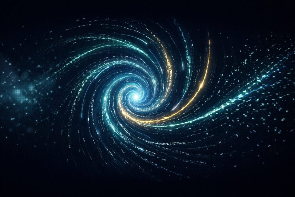 LLMが次のトークンを確率的に予測していく様子を渦状の光で表した概念図