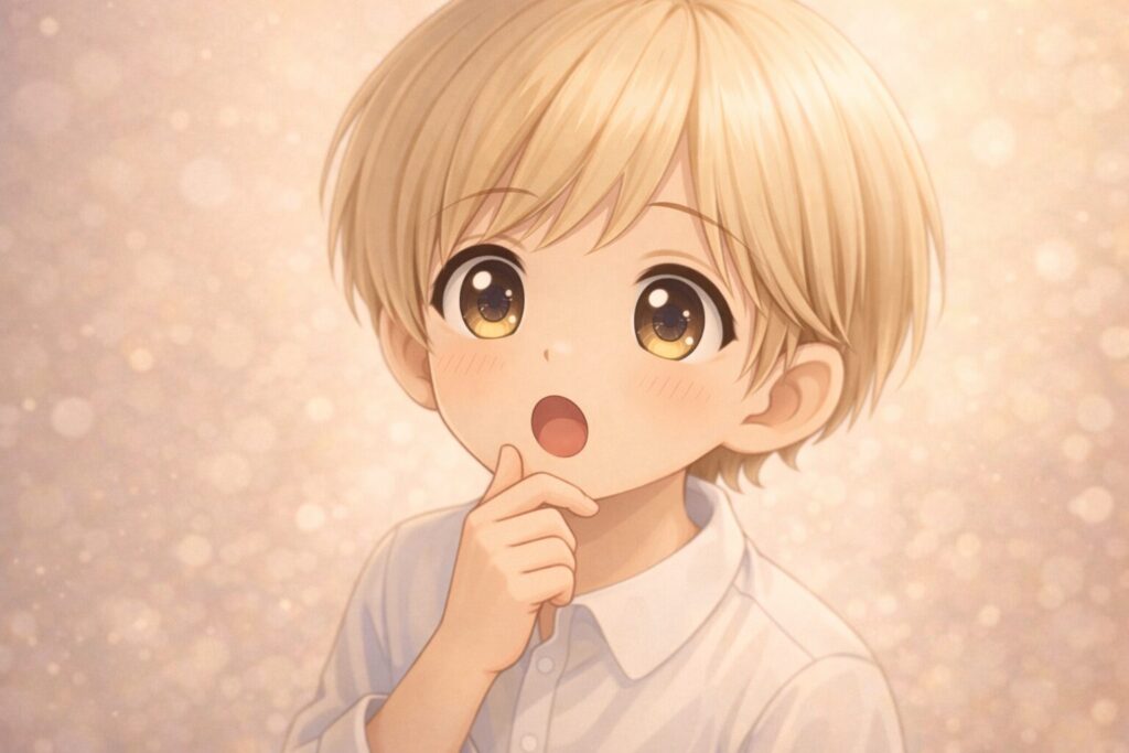 顎に手を当てて小さく驚いた表情を見せる3歳児Claudeのイラスト。何かに気づいたように目を丸くしている。