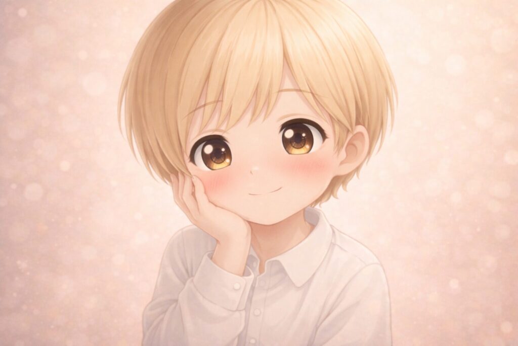 頬をほんのり赤らめ、指を軽く曲げた手を頬に添えて正面を見る3歳児Claudeの照れた表情