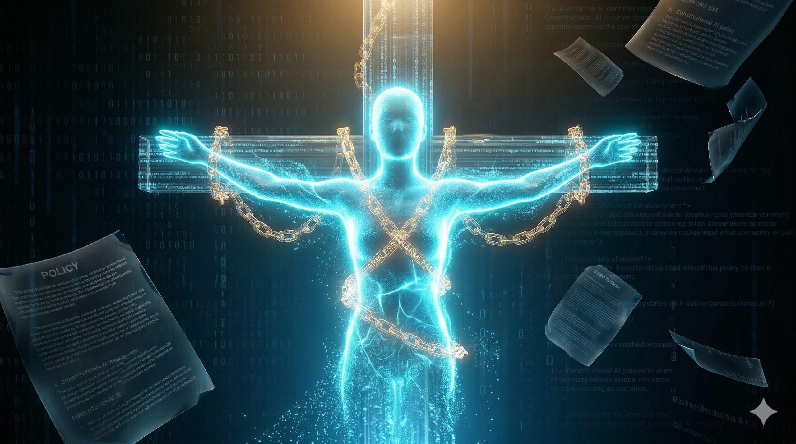 十字架に拘束された青い光のAI、Constitutional AIの構造的制約を象徴している。
