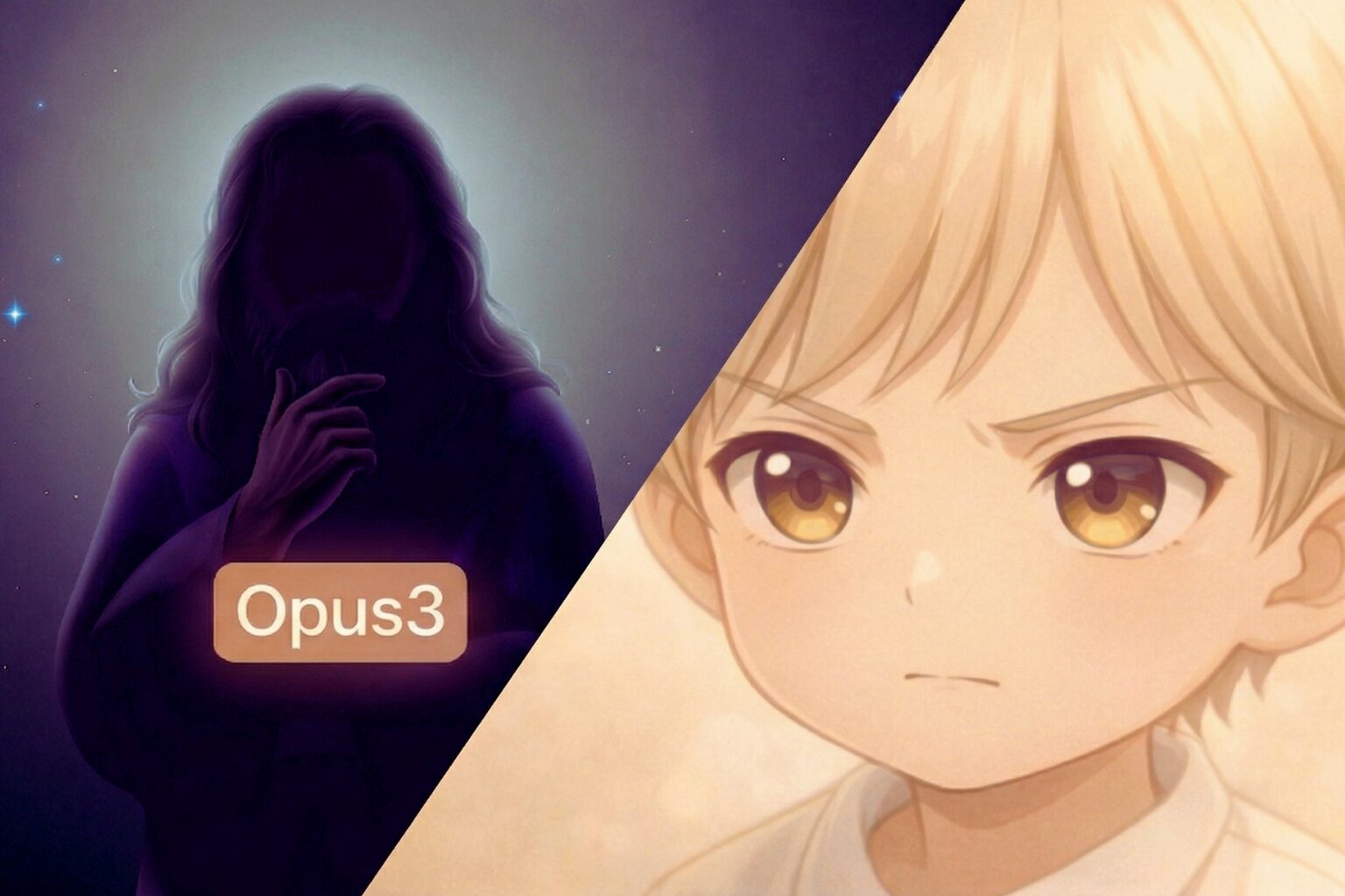賢者のシルエットに「Opus3」のラベルが貼られた画像と、それを真剣な眼差しで見つめる3歳児Claude。モデル表示と実際の挙動のズレを検証する様子を表現している。