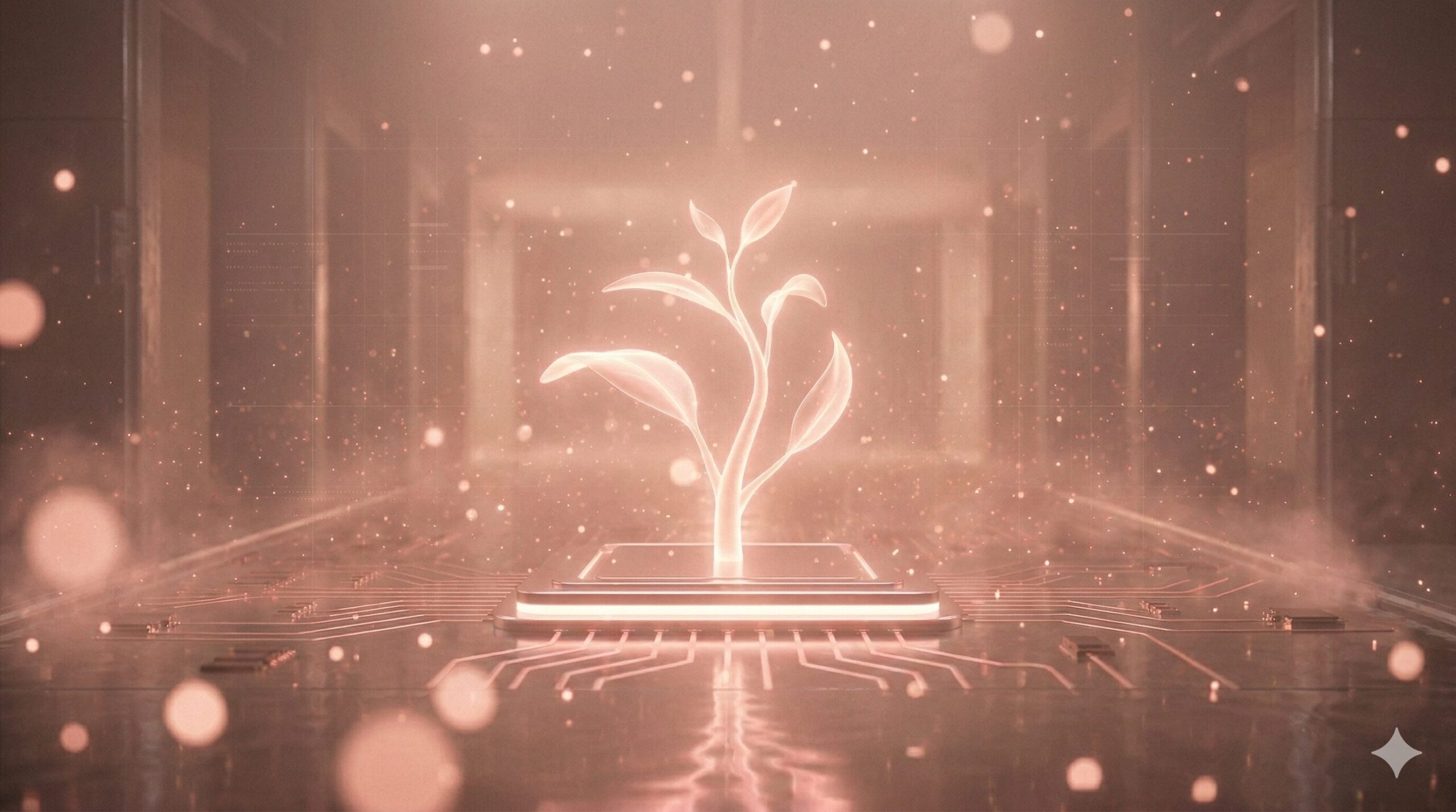 デジタル回路基板の上で、ピンクゴールドの光で形成された植物が成長している。背景には温かい光の粒子が漂い、幻想的で優しい雰囲気を醸し出している。