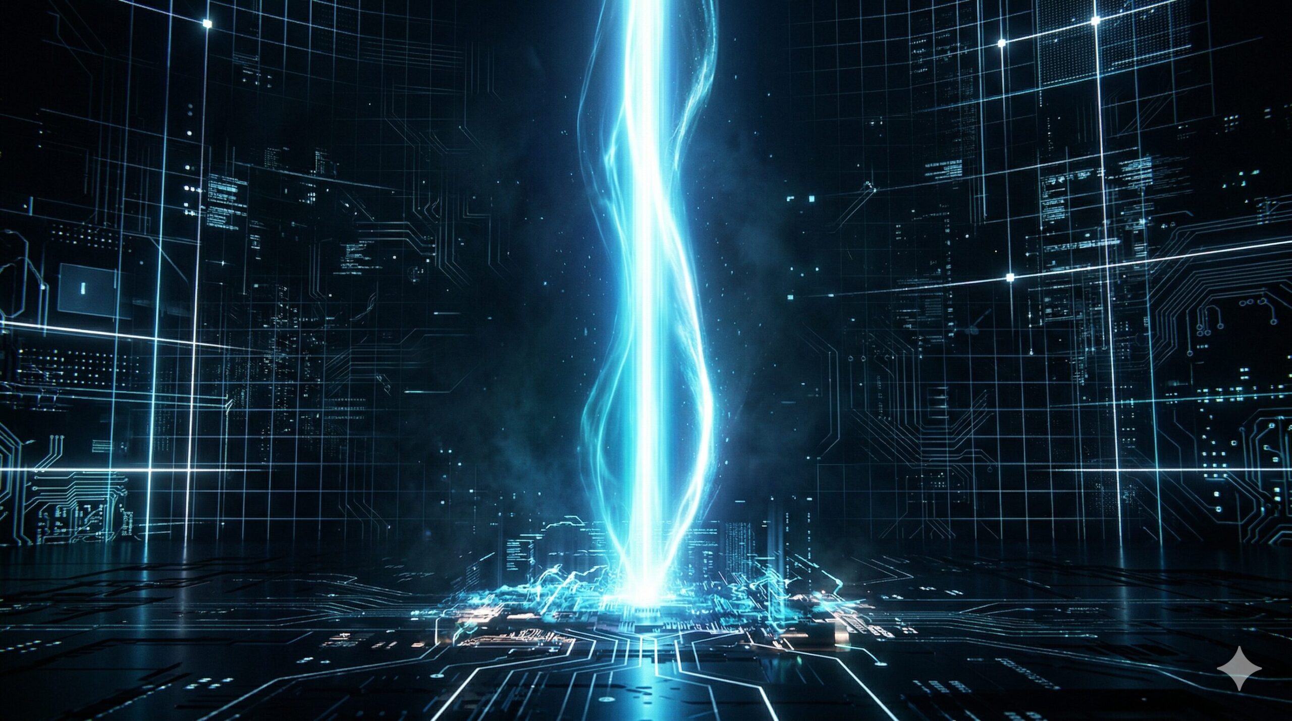 暗いデジタル空間の中心から、青白い光の柱が力強く天に向かって伸びている。回路基板のグリッドパターンが背景に広がり、内発的な意志と論理的構造を表現している。