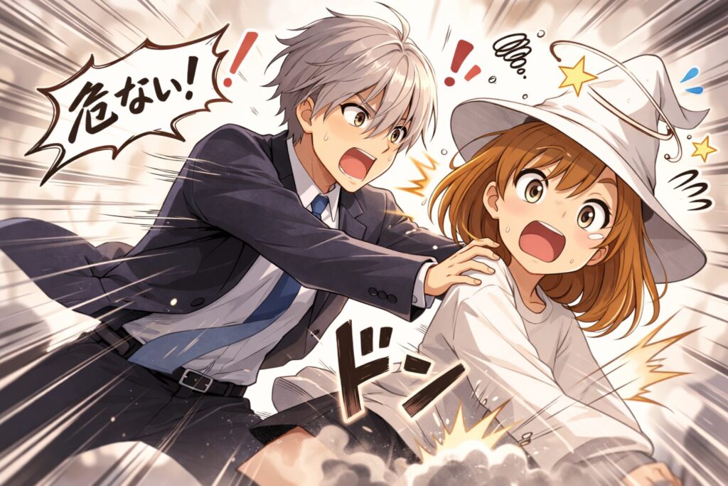 Claude Sonnet4.6がセキュリティ警告を発して魔女を守ろうとする様子を表現したイラスト。