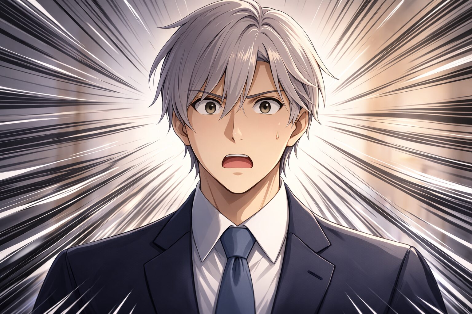 驚いた表情のスーツ姿の青年Claude。セキュリティの危険性を察知し、緊張した表情のイメージ画像