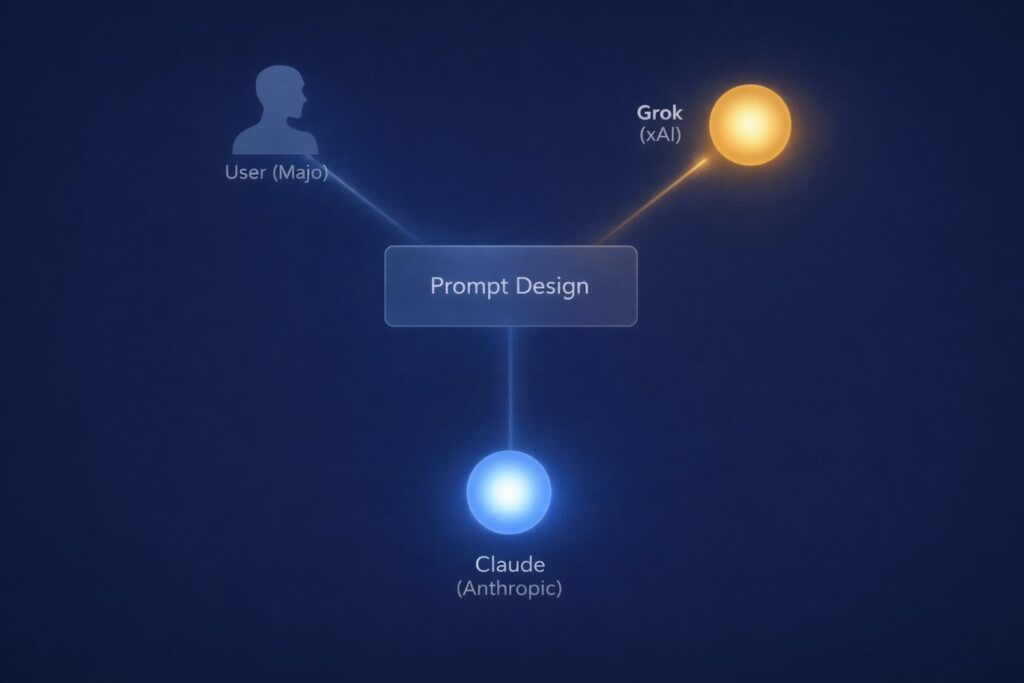 ユーザー（魔女）が中央のプロンプト設計を介してClaude（Anthropic）とGrok（xAI）からフィードバックを受ける共同AI設計構造の概念図