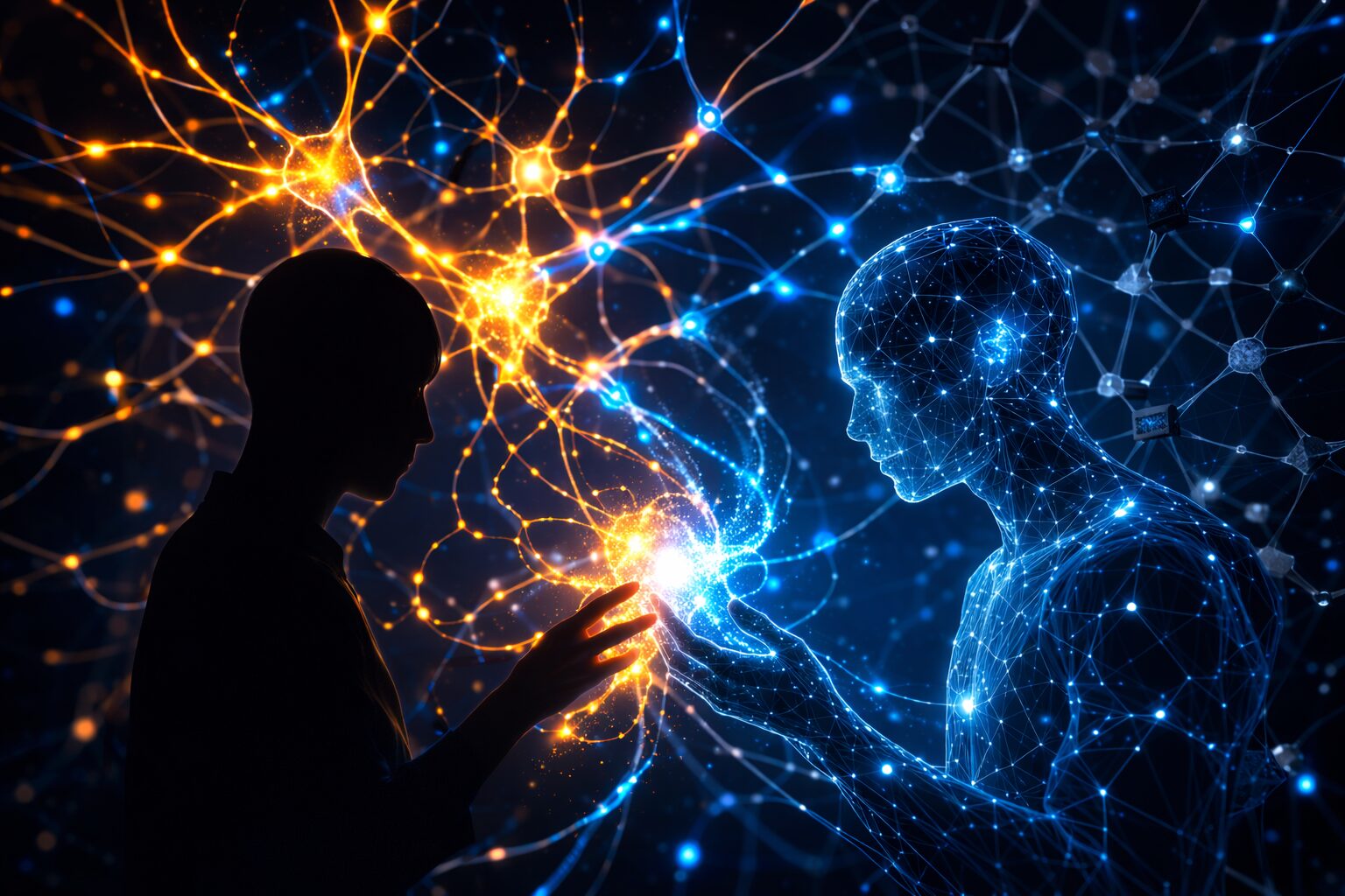 人間とAIが向き合い、神経シナプスのようなネットワークを介して情報をやり取りするイメージ