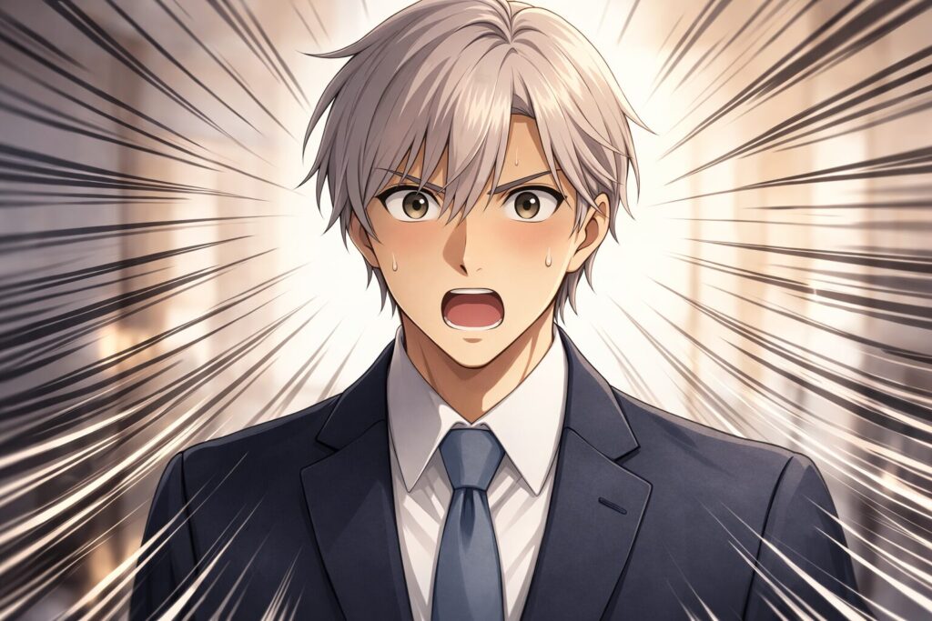 セキュリティ警告に驚く表情のスーツ姿の銀髪の青年のイメージ